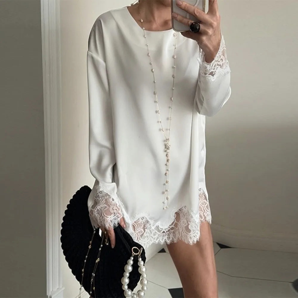 Women's Satin Lace Trim Long Sleeve Mini Dress – Loose Fit Satin Mini Dress Nixie