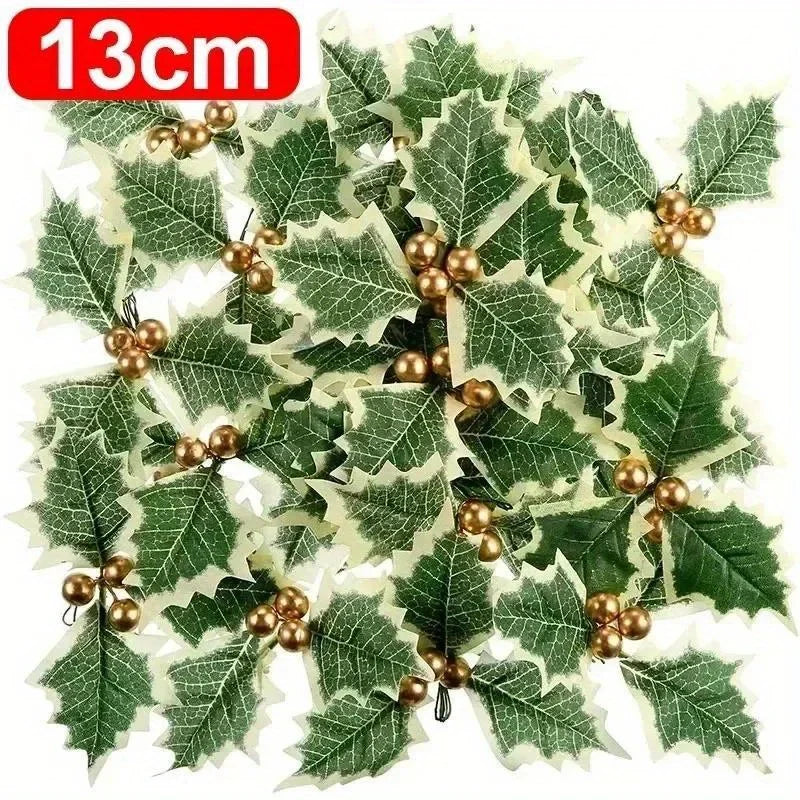 10 Pcs Holly Fruit Christmas Tree Hanging Ornaments – Red & Gold Christmas Ornaments Nixie Golden Berries Leave 10PCS