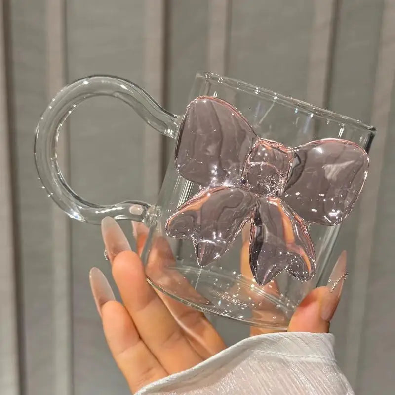 Pink Bow Glass Cup 400ml – Heat-Resistant Borosilicate