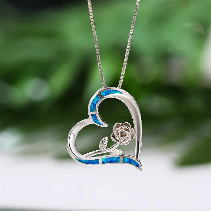 Women's Simulated Opal Rose Flower Heart Pendant Necklace Pendant Necklace Nixie