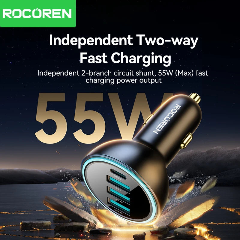 Rocoren 55W 4-in-1 USB-C Car Charger – PD & QC4.0 Fast Charge