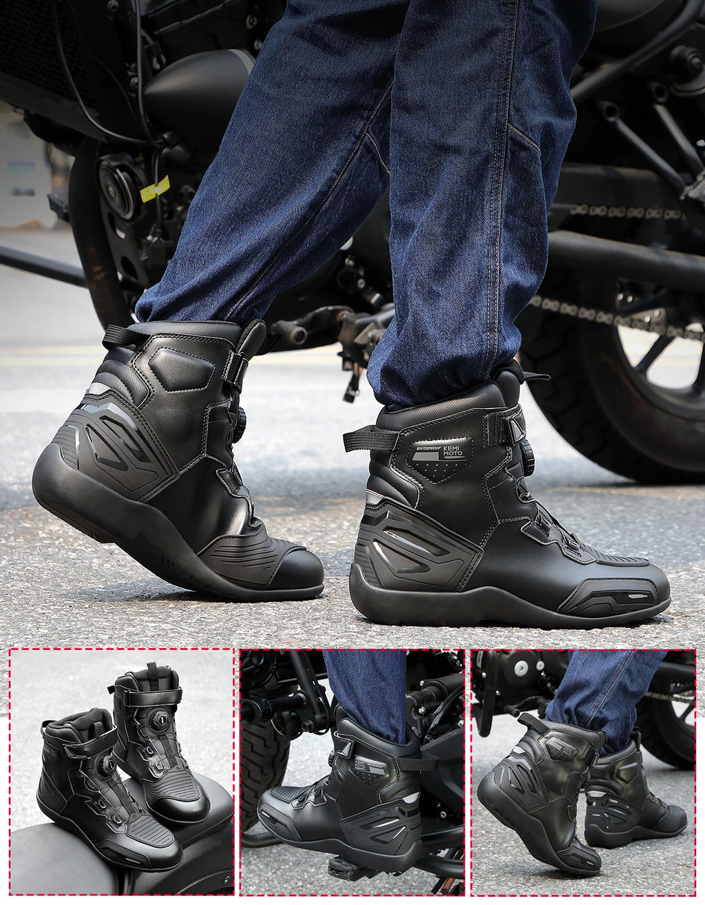 KEMIMOTO Men's Waterproof Motorcycle Ankle Boots Anti-Slip Motorcycle Riding Boots Nixie