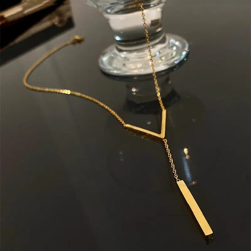 Gold V-Shape Bar Tassel Collarbone Necklace | Stainless Steel Pendant Necklace Nixie StyleA