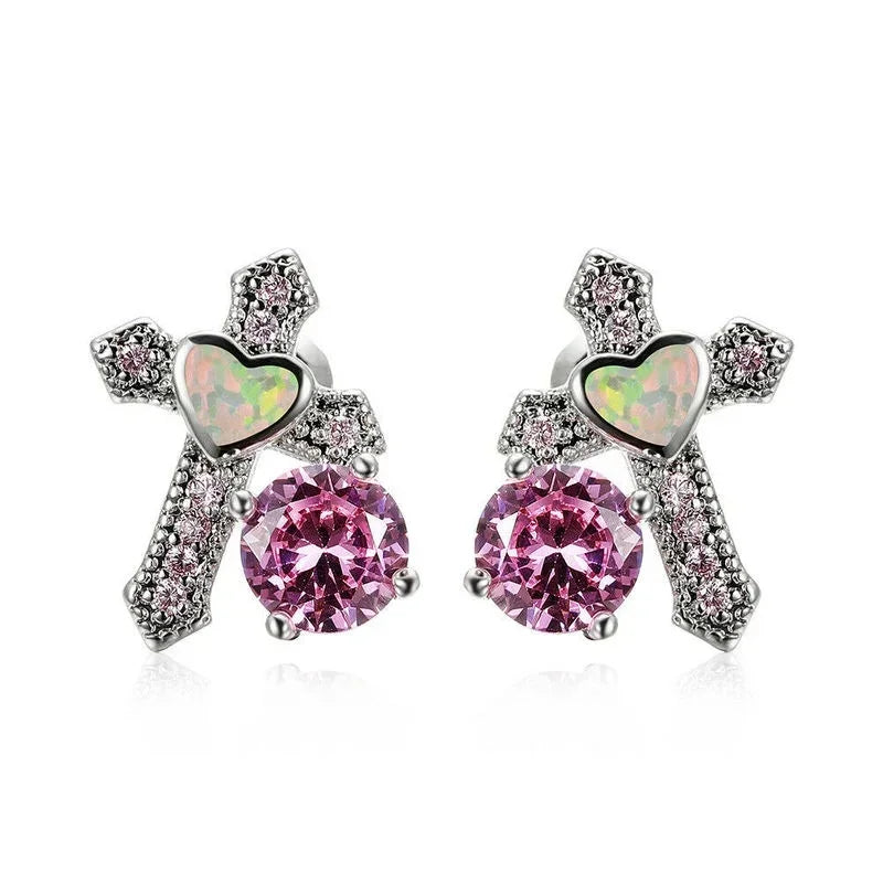 Heart Cross Opal Crystal Stud Earrings – Zinc Alloy Women