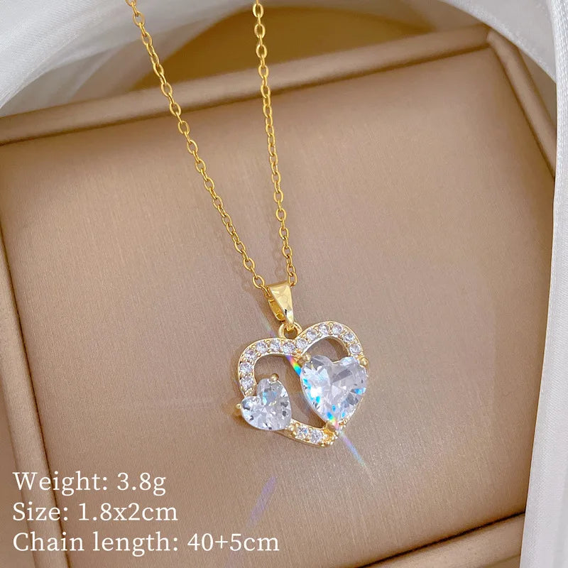 Heart Zirconia Pendant Necklace | Gold Stainless Steel Chain Pendant Necklace Nixie XL2606-049