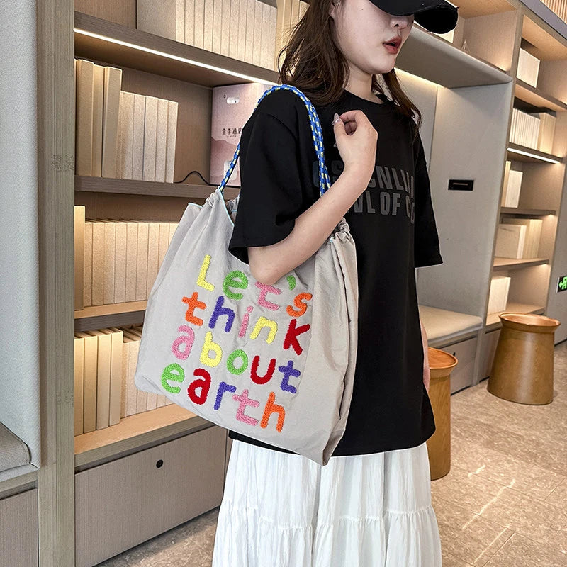 Korean Style Large Canvas Tote Bag – Letter Embroidered Canvas Tote Bag Nixie