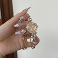 Pink Rhinestone Bracelet Watch – Floral Heart Quartz Wristwatch Bracelet Watch Nixie Style E