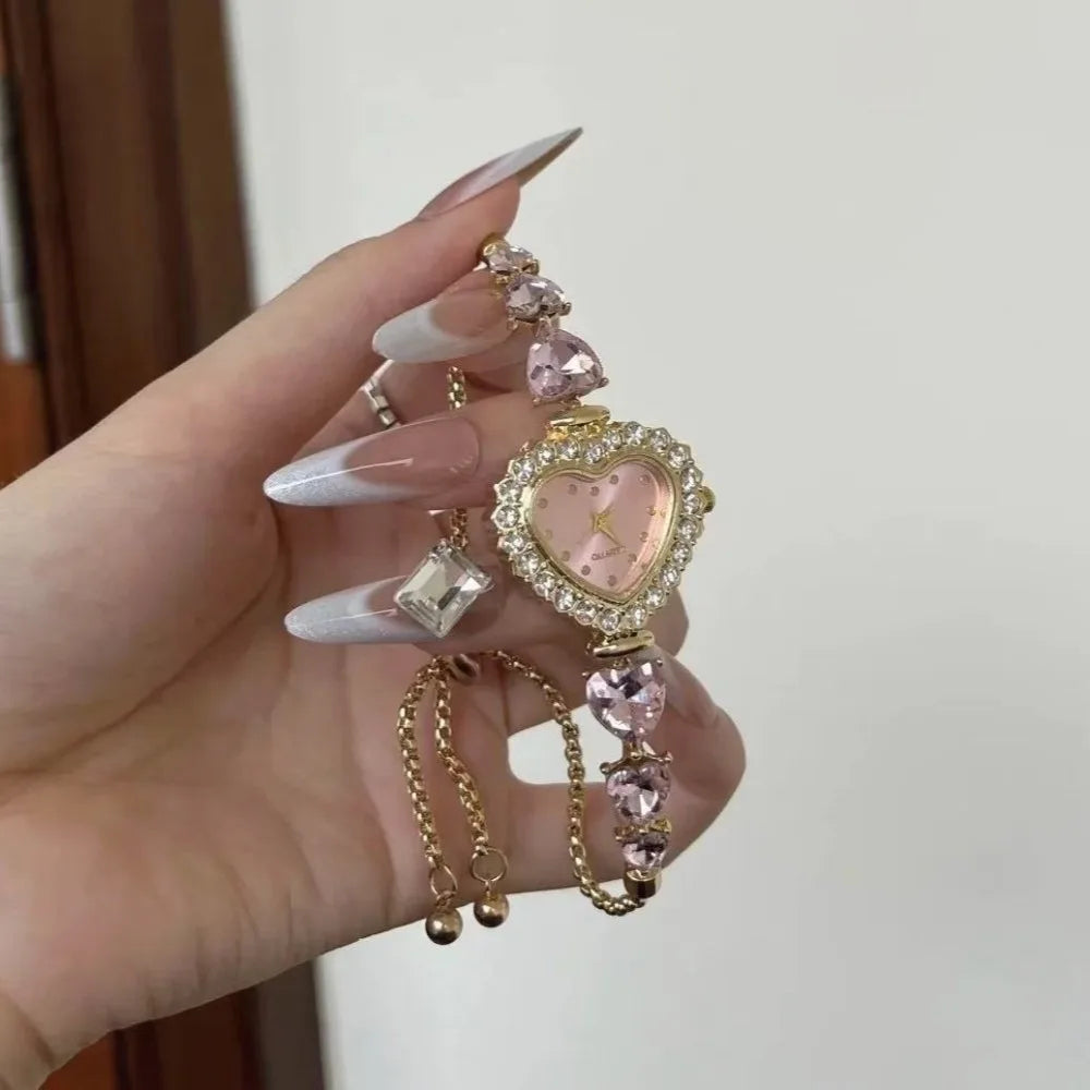 Rhinestone Women's Quartz Bracelet Watch – Pink Floral Heart Women's Bracelet Watch Nixie Style E