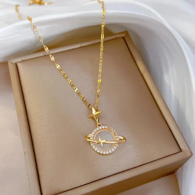 Cat's Eye Moon Pendant Necklace – Stainless Steel Clavicle Chain