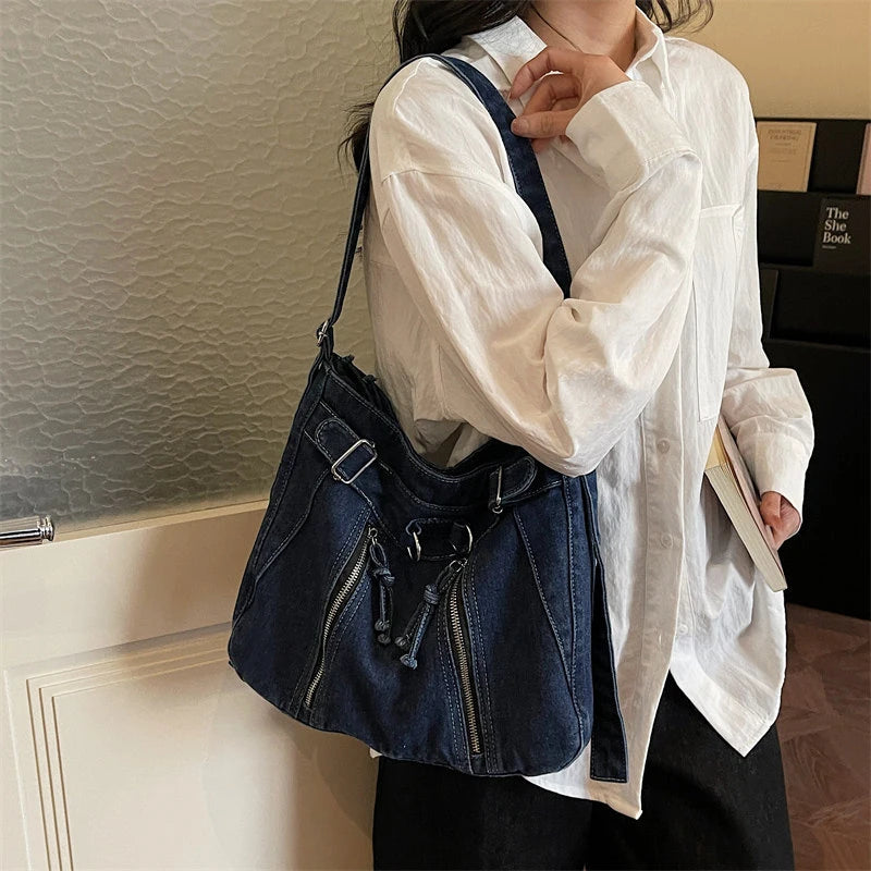 Vintage Denim Tote Bag – Large Crossbody Shoulder Bag Denim Tote Bag Nixie