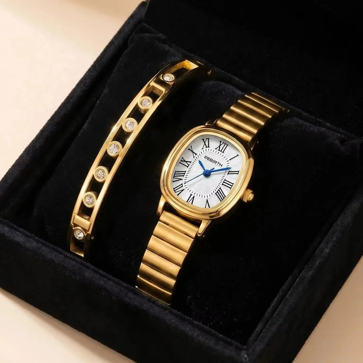 Women's Gold Watch & Bracelet Set – Quartz Roman Numeral Dial