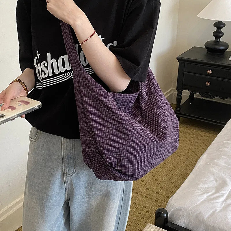 Women's Plaid Canvas Tote Bag – Korean Style Crossbody Canvas Tote Bag Nixie