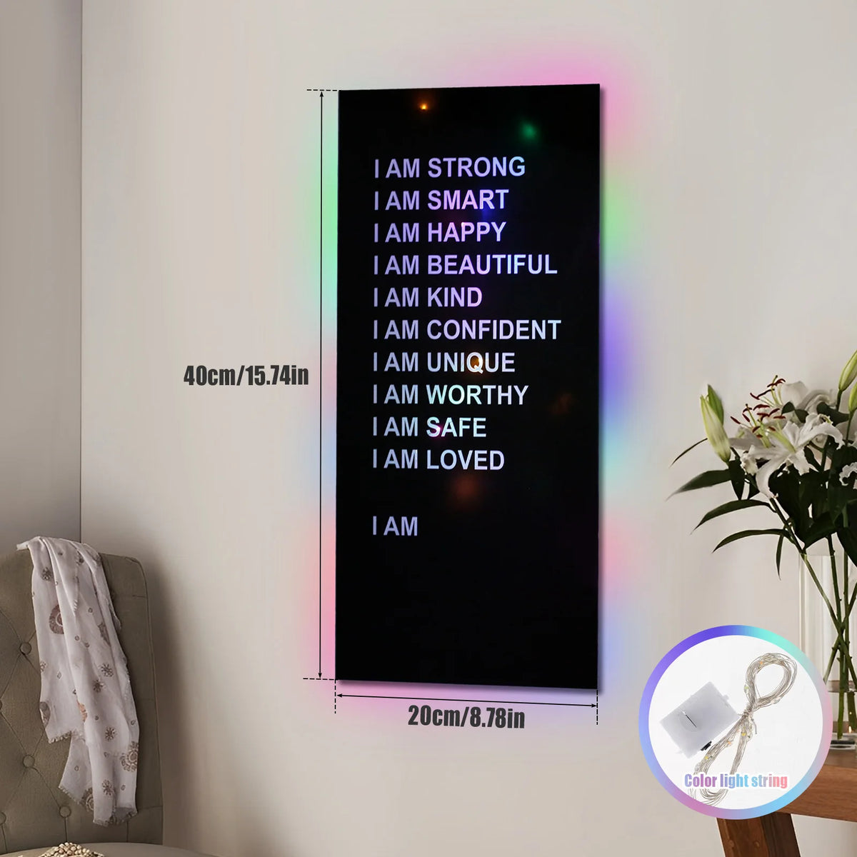 Affirmations Mirror with Colorful LED String Lights | Acrylic