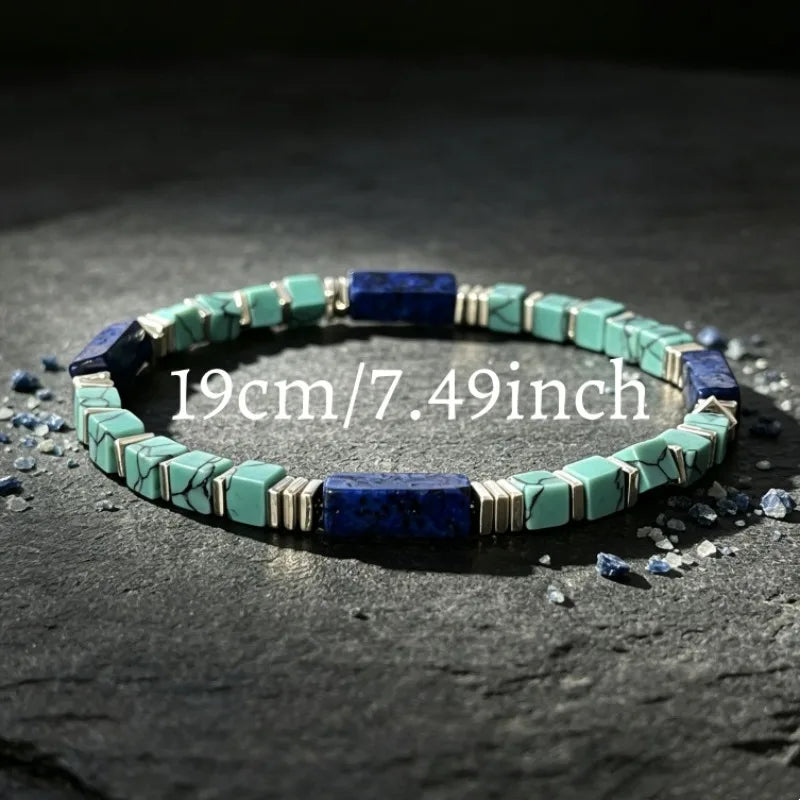 Natural Turquoise & Lapis Lazuli Square Tube Bracelet Stone Beaded Bracelet Nixie