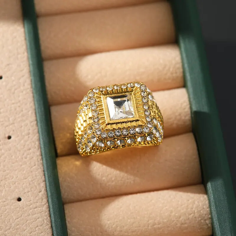 Gold-Plated Rhinestone Hip Hop Ring – Unisex, Multi-Size Fashion Ring Nixie