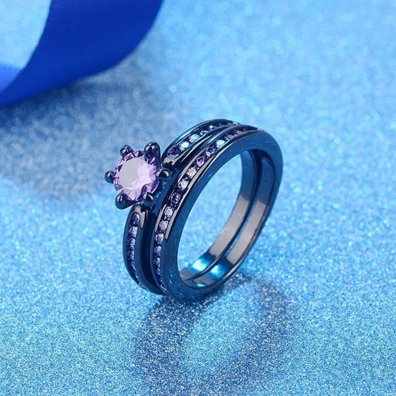 Celtic Dragon Couple Ring Set – Purple Rhinestone & Steel Couple Ring Set Nixie
