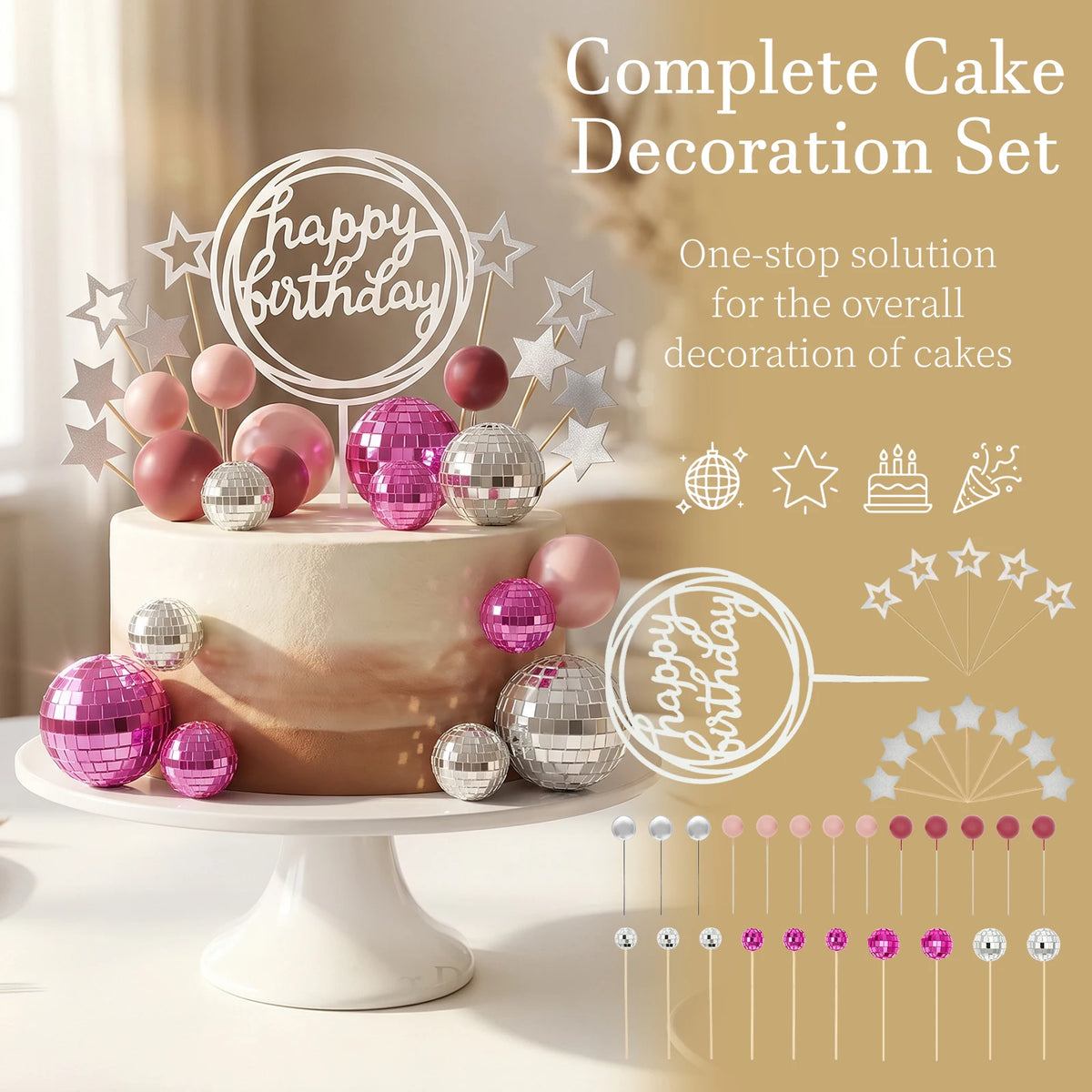 Disco Ball Cake Topper Set – Birthday & Party Decoration