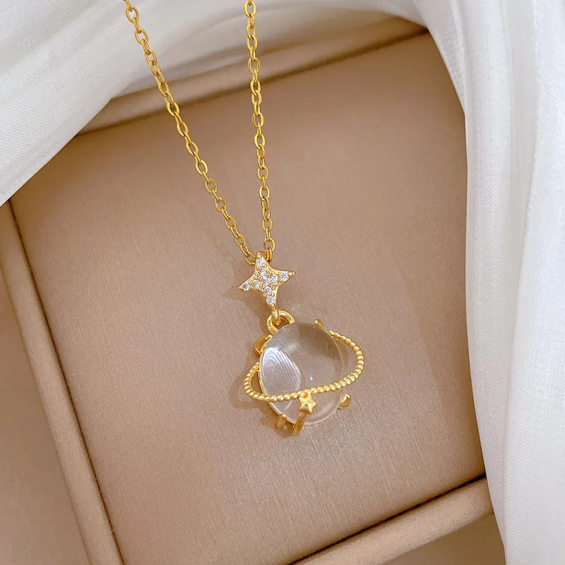 Cat's Eye Galaxy Pendant Choker Necklace | Gold Stainless Steel