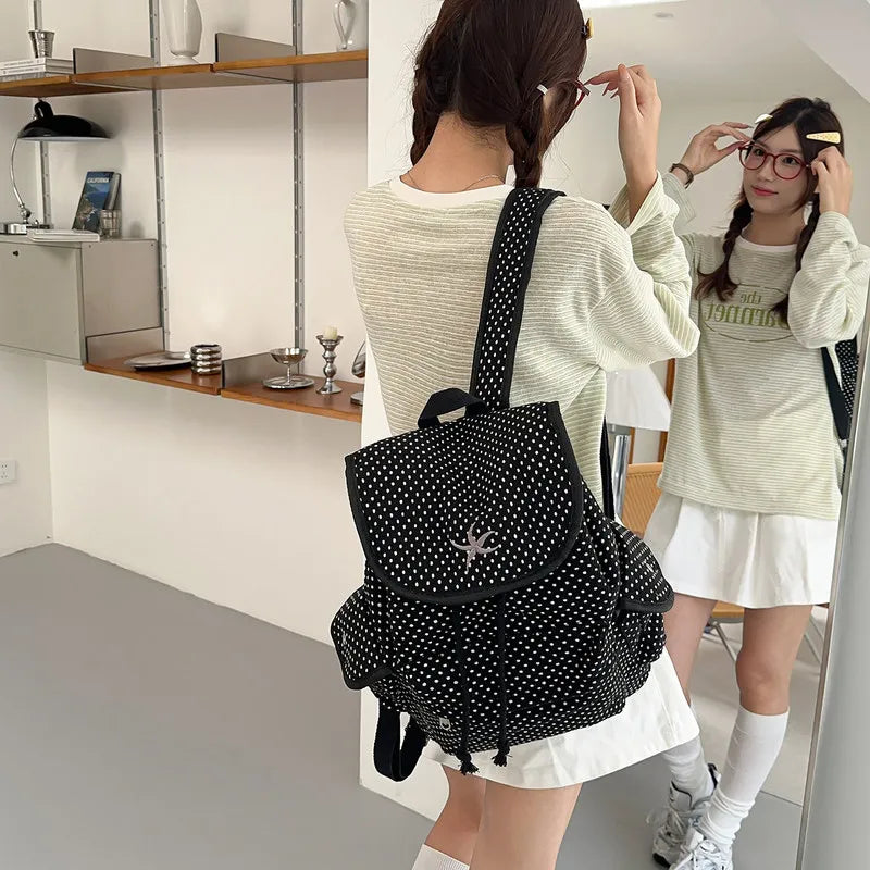 Korean Starfish Embroidered Polka Dot Canvas Backpack Canvas Backpack Nixie