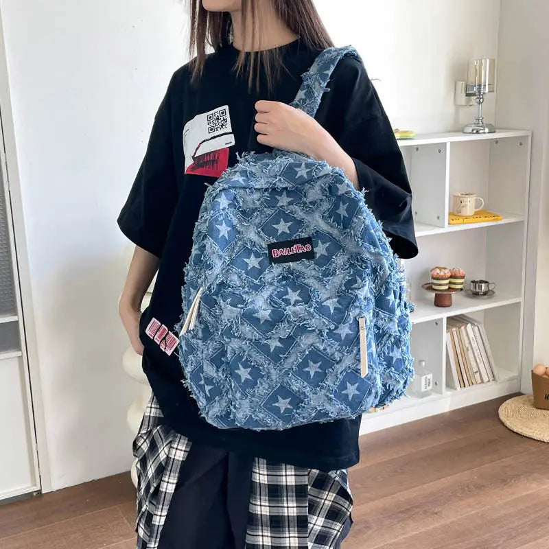 Vintage Star Denim Backpack with Tassel Fringe | Large Capacity