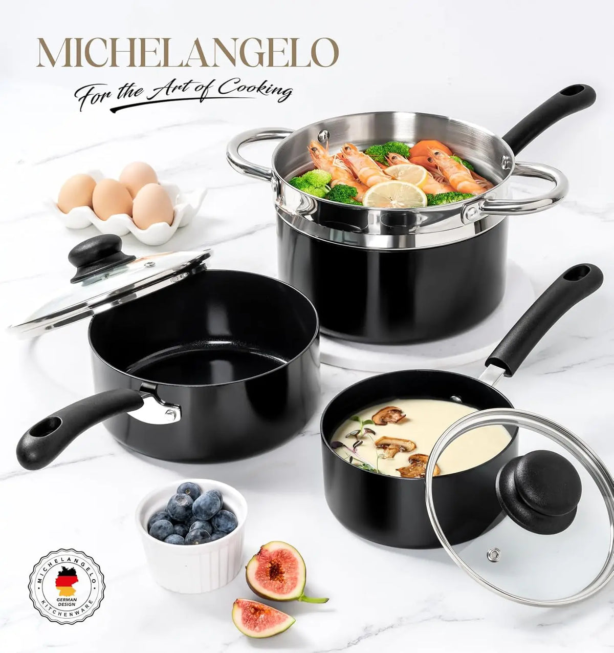 MICHELANGELO Ceramic Non-Stick Cookware Set with Steamer Cookware Set Nixie