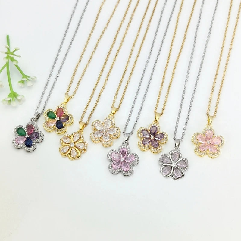 Colorful Flower Pendant Necklace | Stainless Steel Collarbone Chain Pendant Necklace Nixie