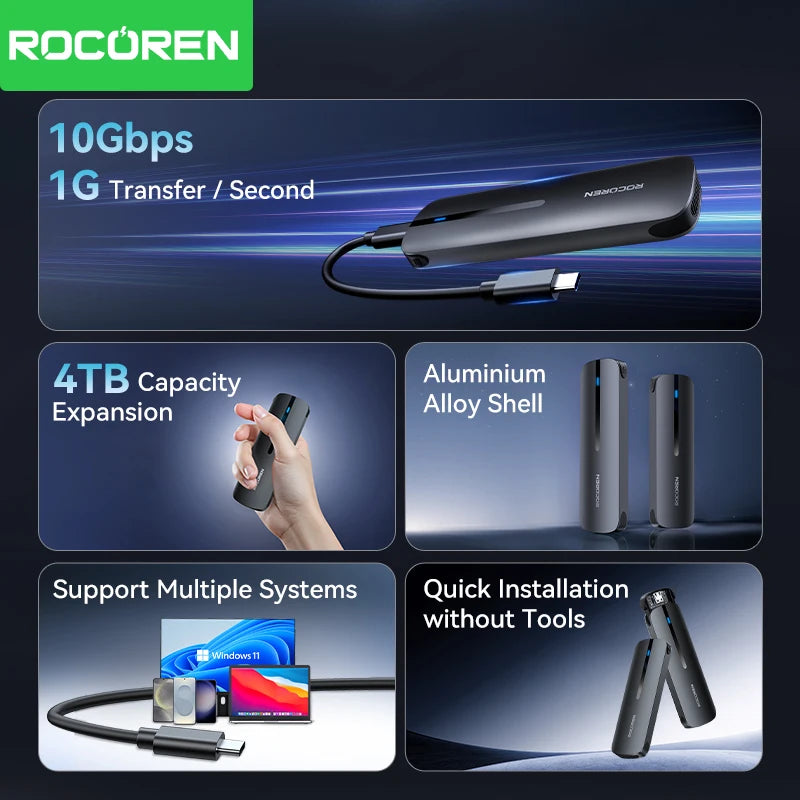 Rocoren M.2 NVMe SSD Enclosure 10Gbps USB 3.1 Gen2 USB-C SSD Enclosure Nixie
