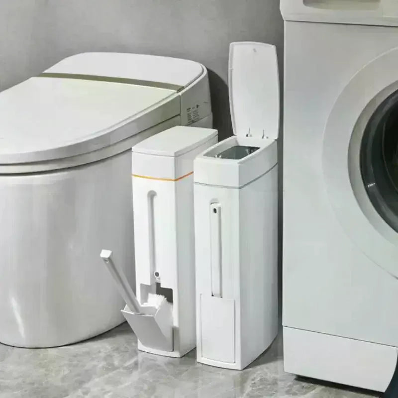 2-in-1 Press Trash Can & Toilet Brush Holder | Space Saving Bathroom Trash Can Nixie