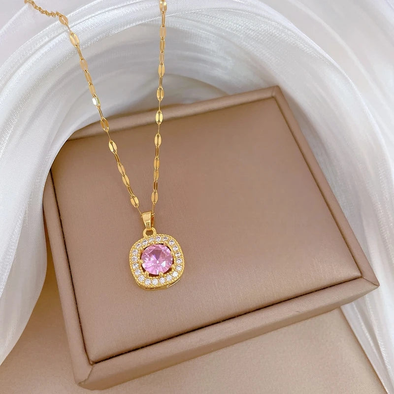 Square Zircon Pendant Necklace | Gold Stainless Steel Clavicle Chain Pendant Necklace Nixie