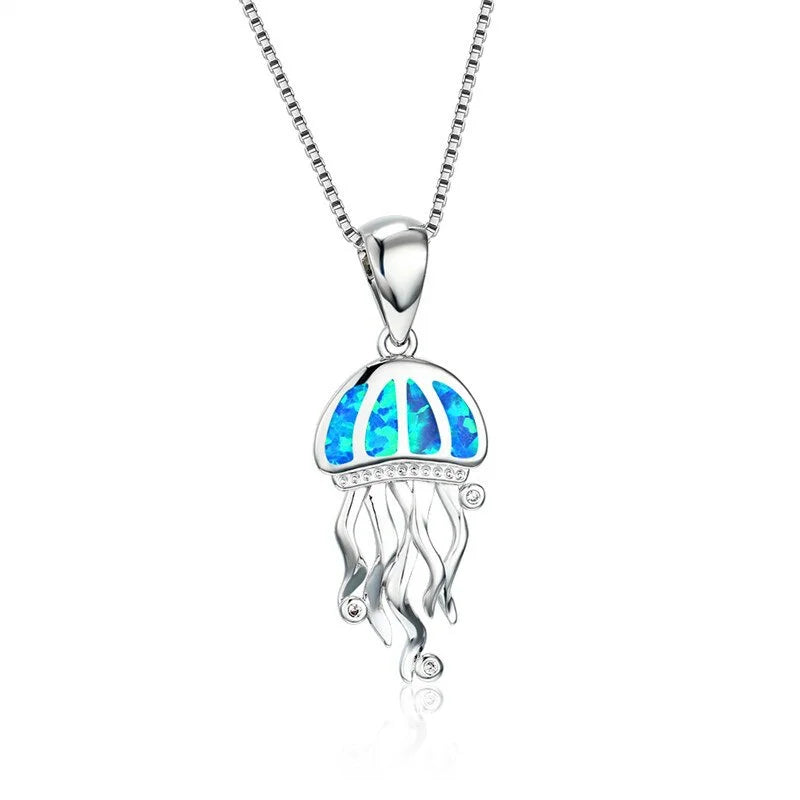 Blue Fire Opal Jellyfish Pendant Necklace | Women's Jewelry Pendant Necklace Nixie Light Yellow Gold Color
