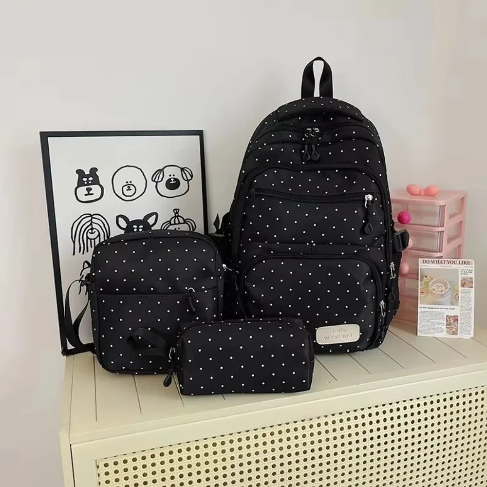 Nylon Polka Dot Girls Backpack Set – Multi Compartment School Bag
