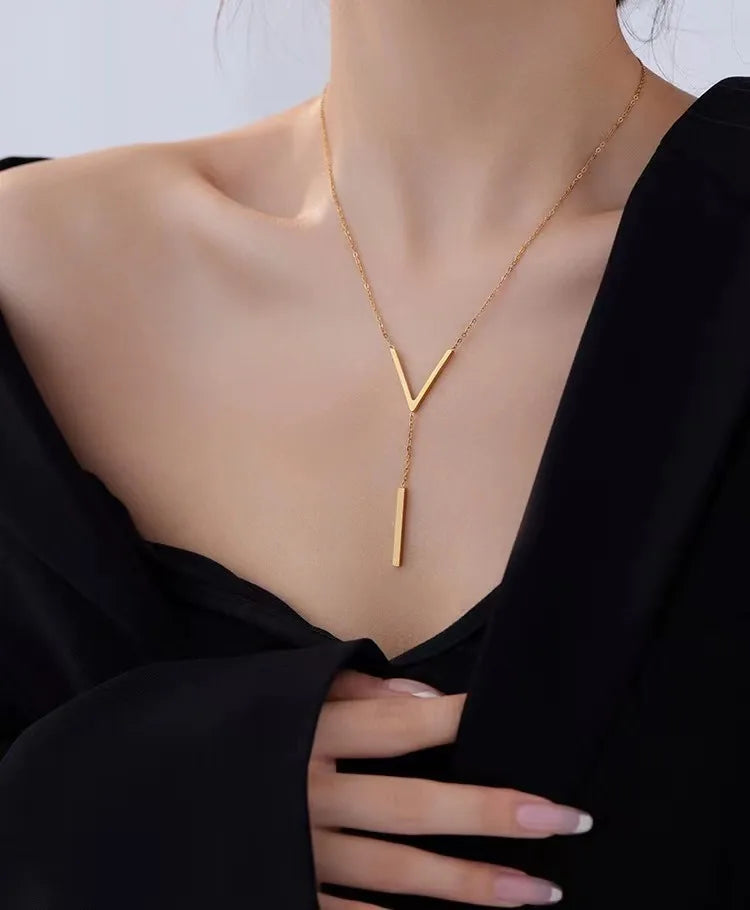 Gold Stainless Steel V-Shape Tassel Bar Collarbone Necklace Fashion Necklace Nixie