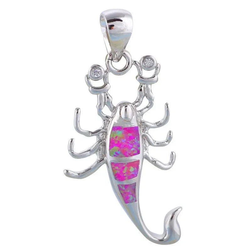Lucky Scorpion Pink Simulated Opal Pendant Necklace | Silver Pendant Necklace Nixie