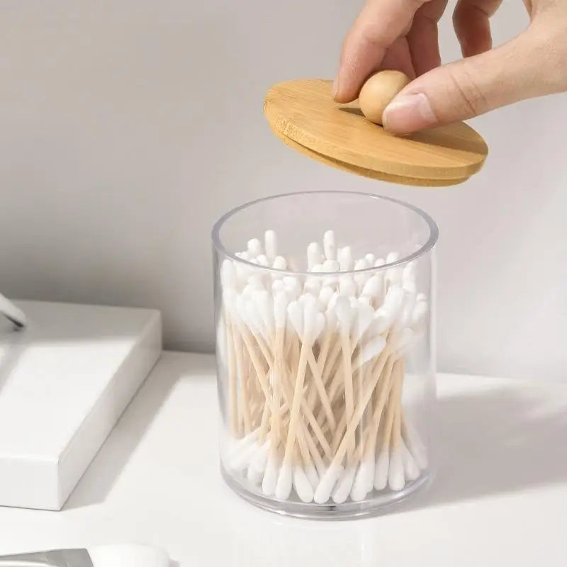 Cotton Swab Organizer Jar with Bamboo Lid | Clear & Dustproof