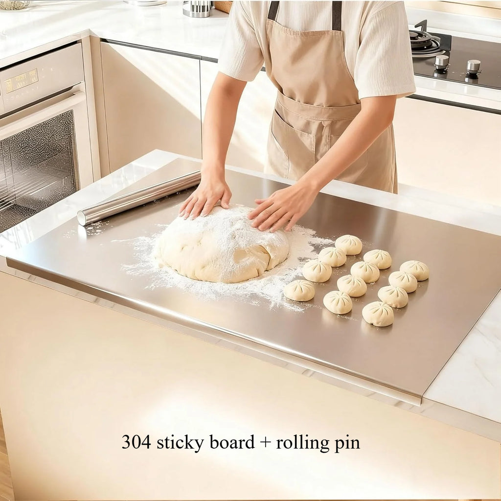 304 Stainless Steel Cutting Board – Non-Slip Raised Edge Stainless Steel Cutting Board Nixie A with Rolling pin