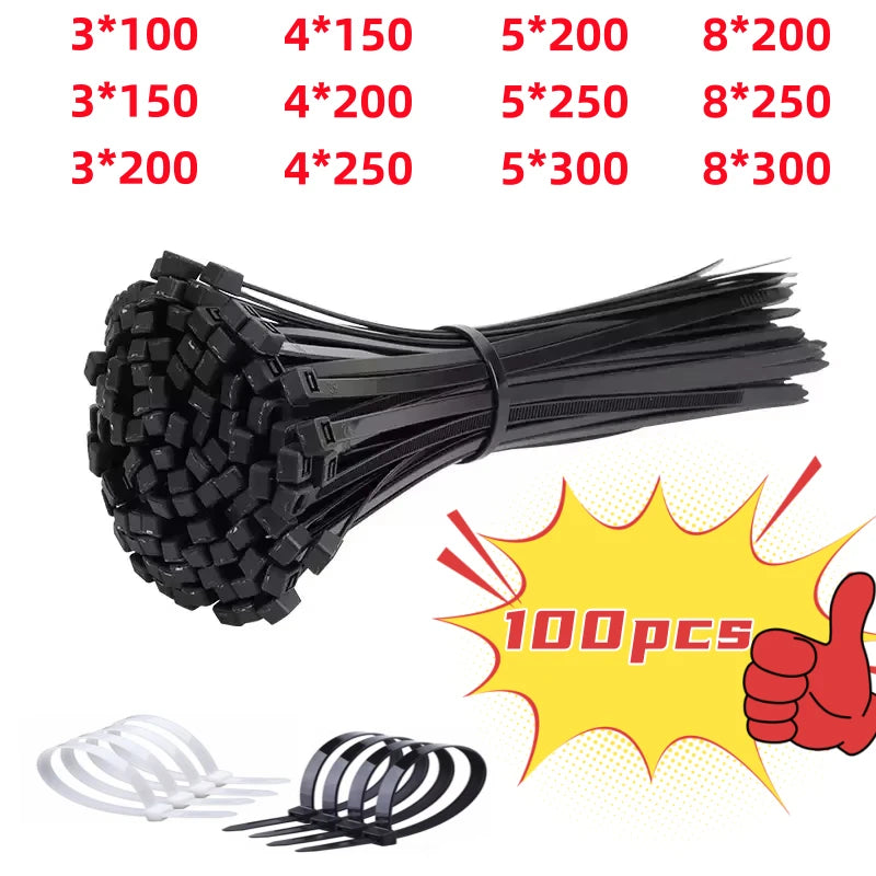 100 PCS Self-Locking Nylon Cable Zip Ties Black & White Cable Zip Ties Nixie