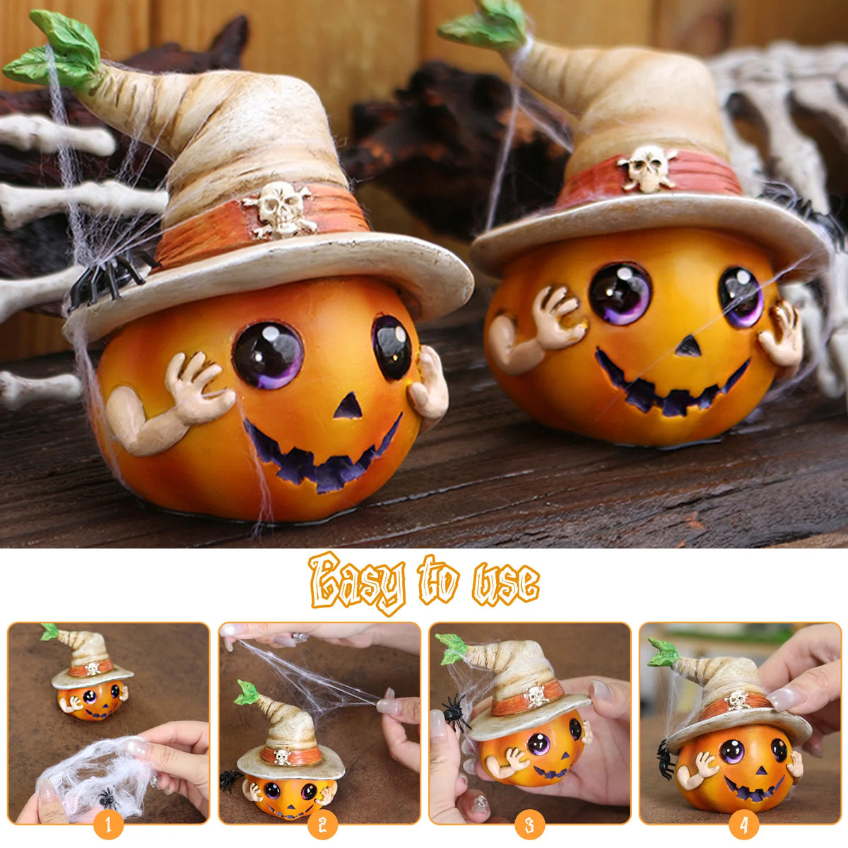 2-Pack Resin Pumpkin Statues with Hat | Halloween Tabletop Decor