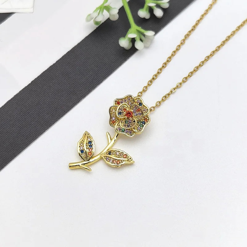 Zircon Flower Pendant Necklace | Gold Stainless Steel | Nixie Pendant Necklace Nixie
