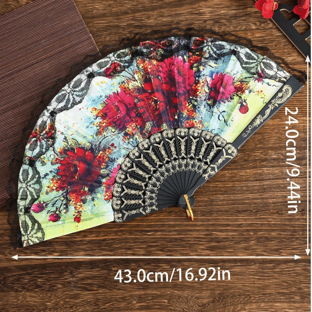 Spanish Folding Fan Black Floral Lace Trim Dance Prop Gift Folding Hand Fan Nixie