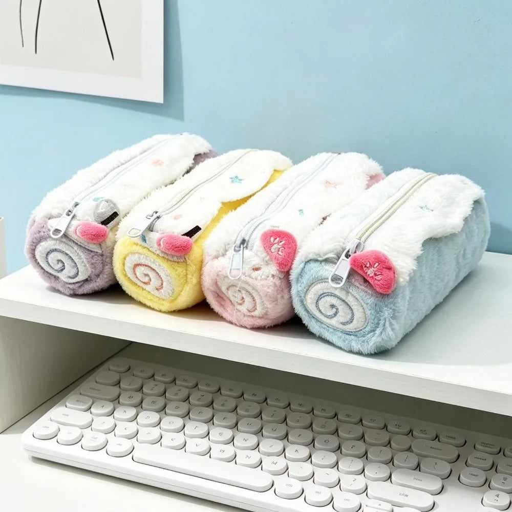 Kawaii Swiss Roll Plush Pencil Case – Star Embroidery Bag