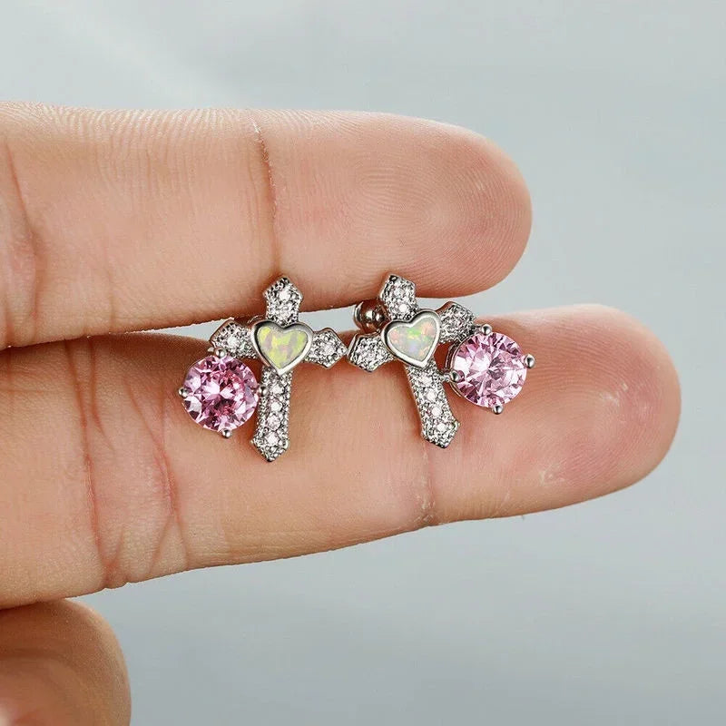 Heart Cross Opal Crystal Stud Earrings – Zinc Alloy Women