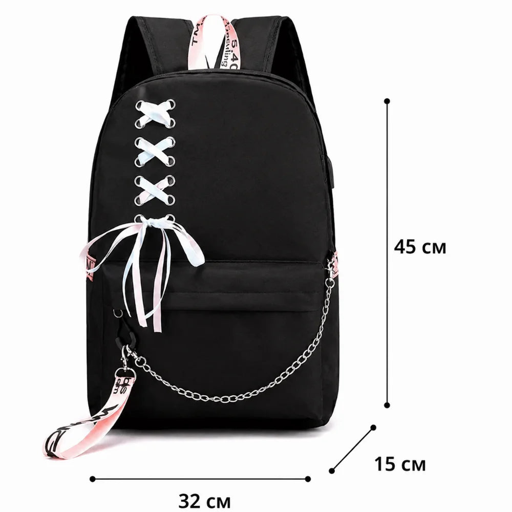 Large Oxford Cloth Laptop Backpack – Silk Ribbon & Chain Design Laptop Backpack Nixie