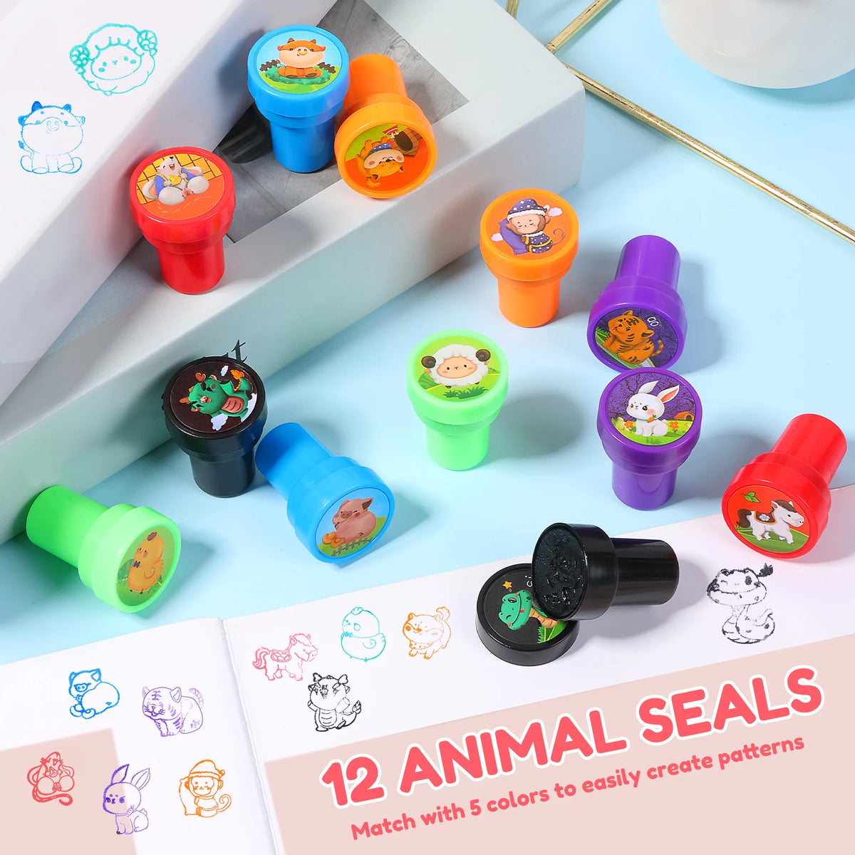 12pcs Cartoon Self-Inking Stamps for Kids – Animal & Game Set Kids Craft Stamps Nixie