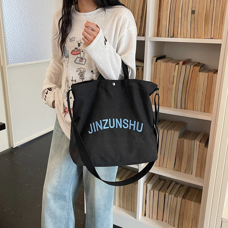 Women's Canvas Tote Bag Letter Embroidery Large Shoulder Bag Canvas Shoulder Bag Nixie