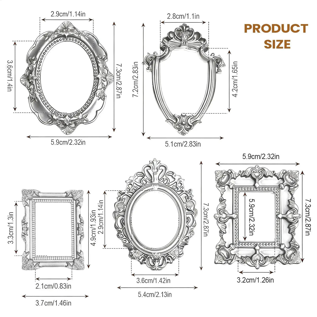 5Pcs Vintage Mini Silver Resin Photo Frames – Jewelry Display Mini Picture Frames Nixie