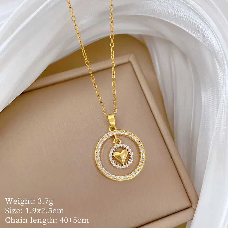 Double Layer Heart Pendant Necklace | Gold Stainless Steel Pendant Necklace Nixie XL2606-711