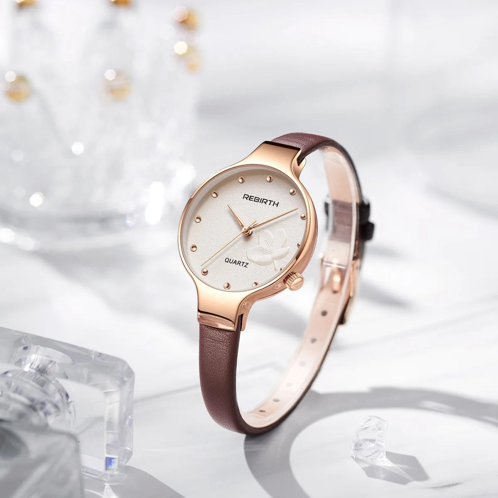 REBIRTH Retro Floral Quartz Watch – Leather Strap, Elegant Quartz Wristwatch Nixie