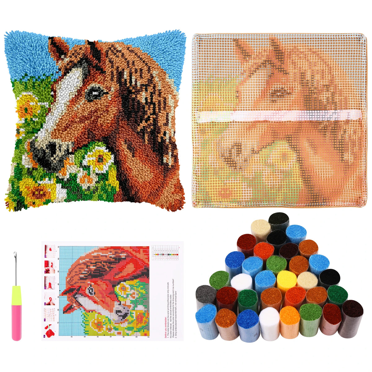 17" DIY Latch Hook Pillow Kit – Yarn Crochet Cushion Cover Craft Latch Hook Craft Kit Nixie color horse