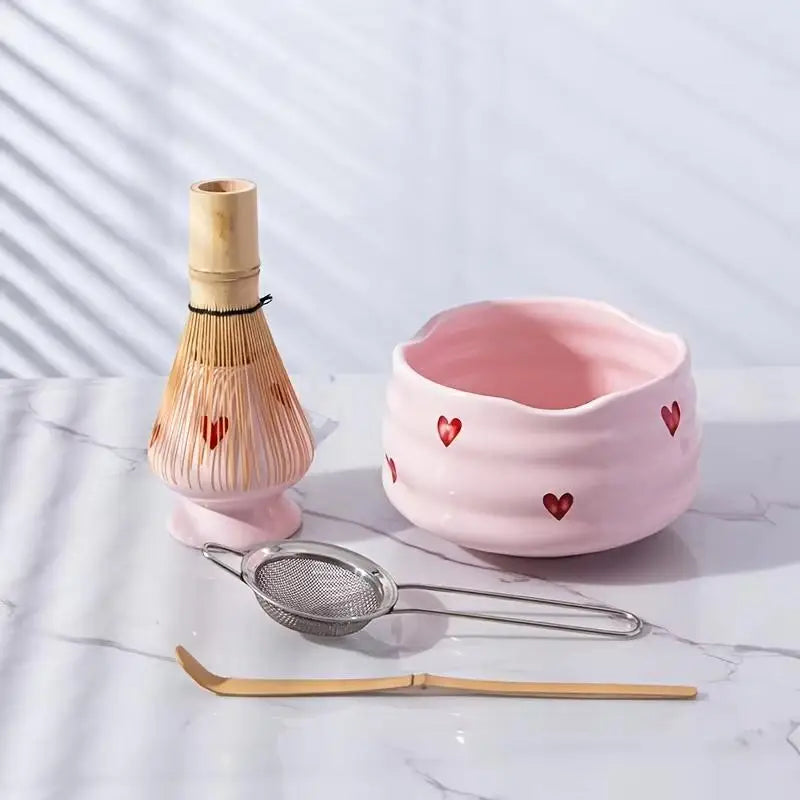 Heart Decal Ceramic Matcha Set – Bowl, Whisk & Bamboo Tools Matcha Tea Set Nixie