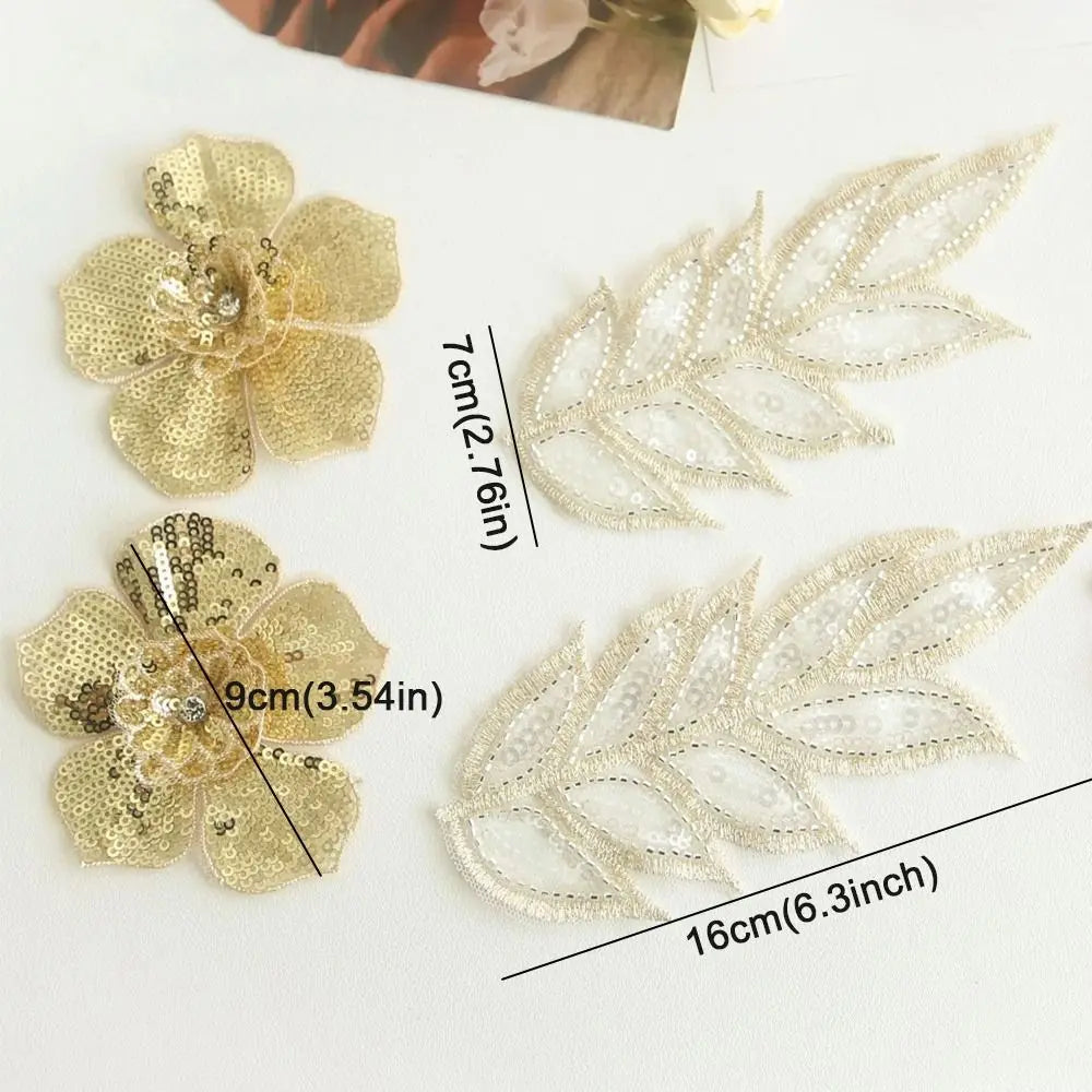 3D Sequin Beaded Lace Patches – Bridal Flower & Leaves Design Lace Applique Patch Nixie